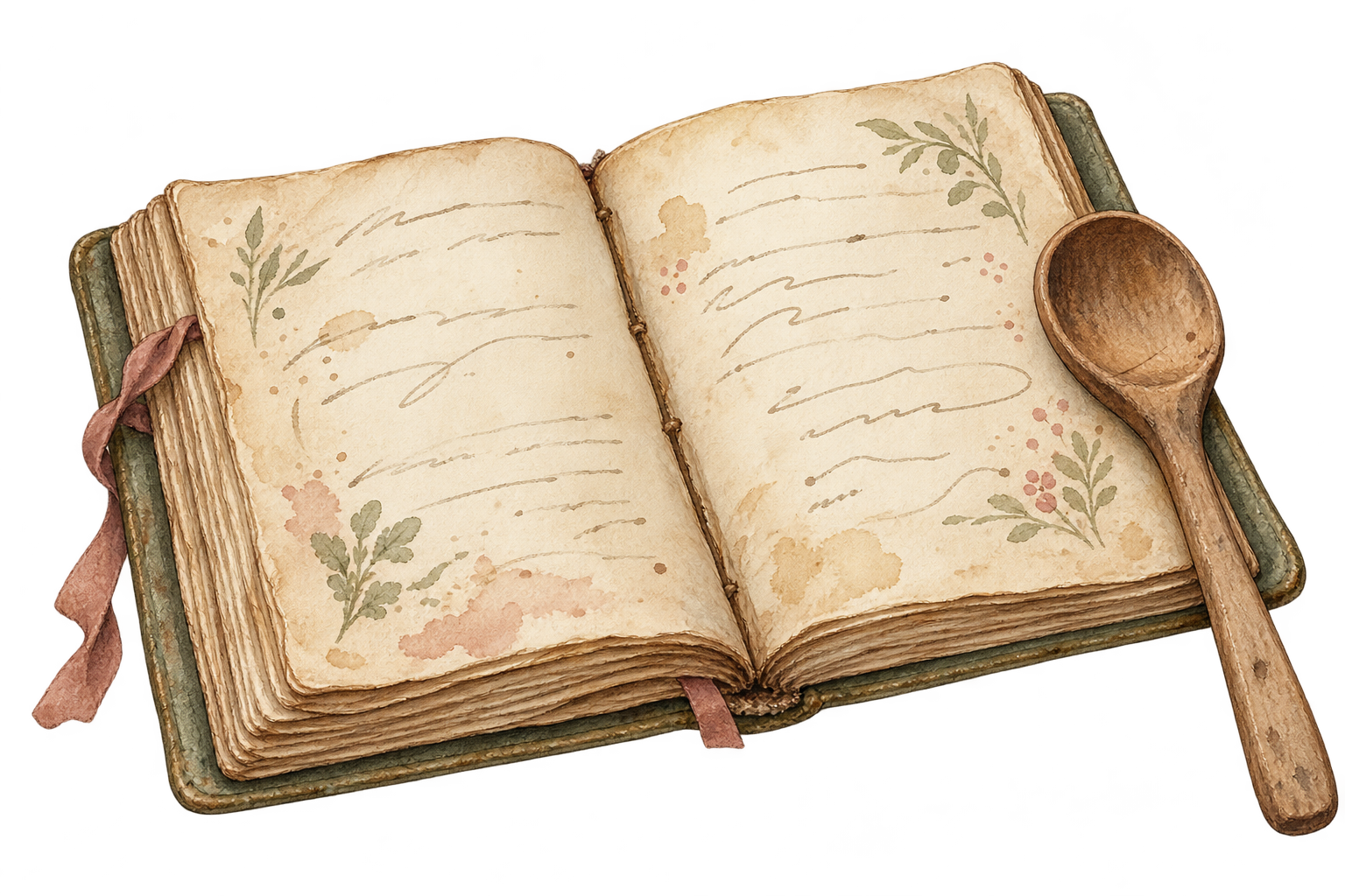 Ilustração original do e-book: caderno antigo de receitas aberto com colher de pau