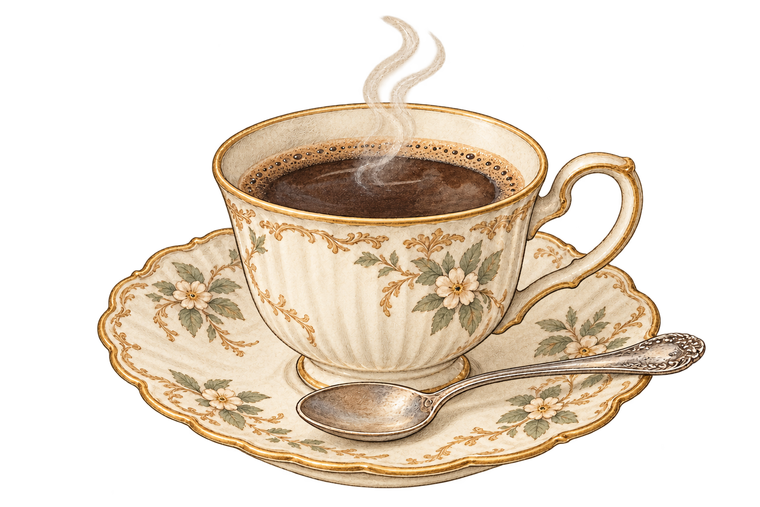 Ilustração original do e-book: xícara de café em porcelana com pires