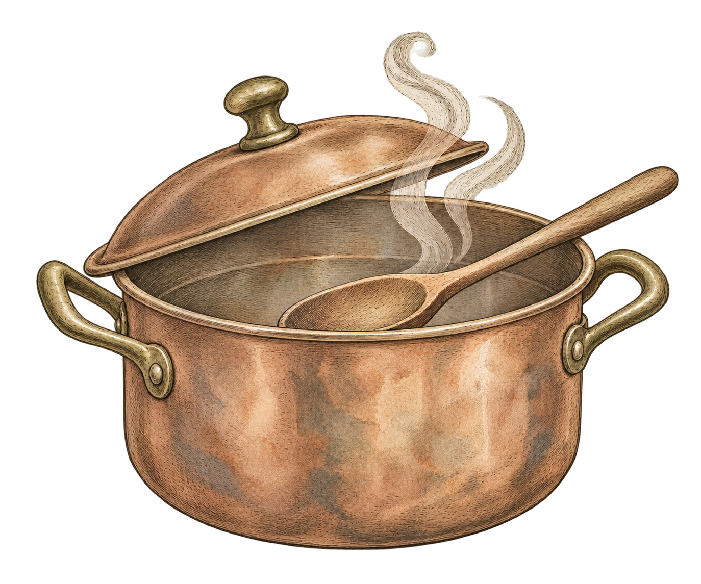Ilustração original do e-book: panela de cobre com colher de pau
